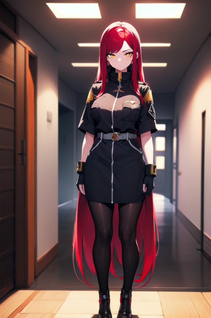 (masterpiece:1.37), woman, mature, extremely detailed eyes and face, long straight hair, (red hair:1.5), yellow eyes, military uniform, cloak, futuristic, science fiction, hologram armband, unicursal hexagram-shaped pupils, standing, large breasts, futuristic, science fiction, hologram armband, best quality, 8k, highres, ultra-detailed, studio lighting, ultra-fine painting, sharp focus, physically-based rendering, extreme detail description, professional, vivid colors, bokeh, extreme attention to detail, tsurime, messy bangs, long bangs, bright red hair highlights, two-tone hair, full body