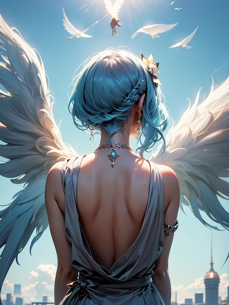 White dress, rooftop, 1girl, 1 Screen View, from side, nsfw, 8K, highest quality, Beautiful expression, standing, Shiny natural skin texture, cheerful, Cute face, nose blush, grin, fluffy bob cut, hair ribbon, (Wings on your back:1.8), (masterpiece:1.2), (see through:1.1), (puffynipple:1.1), (Light-pigmented nipple:1.3), (sky blue hair:1.6), (flower hair ornament:0.8)																	