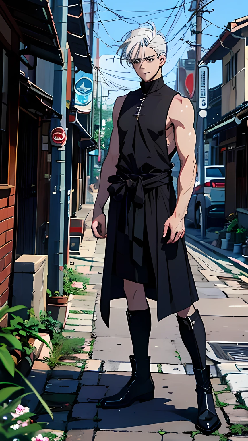 Full body shot, 1man,male focus, 25 years old, ((very very short white hair:1.2)) , (Bad boy hairstyle ) ,light blue eyes , Dark circles pale skin, pointy ears, fangs,Black claws, villain smile, villain expression, BREAK He wears a long sleeveless black cassock , Bare legs, black boots BREAK (((professional. highly detailed. HD. UHD. HDR. 16K. very high quality. clean. realistic anime. hyper realistic.)))   (newest)                       