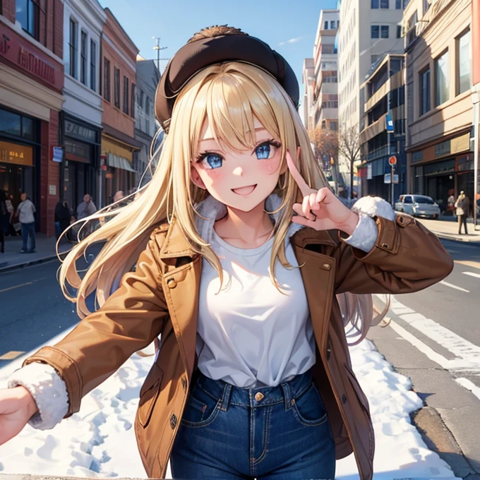 teen girl, blonde, blue eyes, cheerful, cute, rich, {wealthy}, smug, happy, blue jean pants, brown fur jacket, snow, downtown, modern day