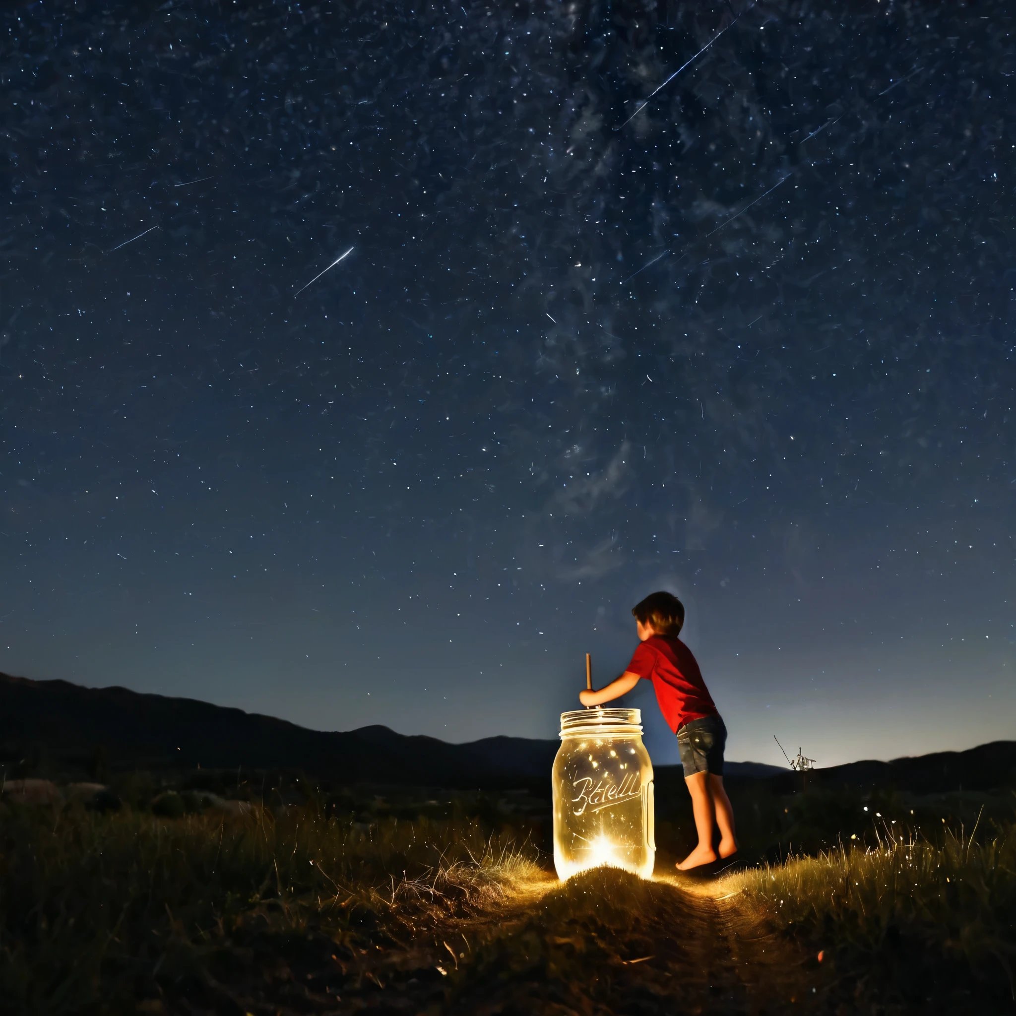 A young at night with alot of stars in the sky is reaching up and grabbing stars and putting them in a big clear Mason jar he has with him. The has collected alot of stars, The Mason Jar is in a red wagon he pulls with him.