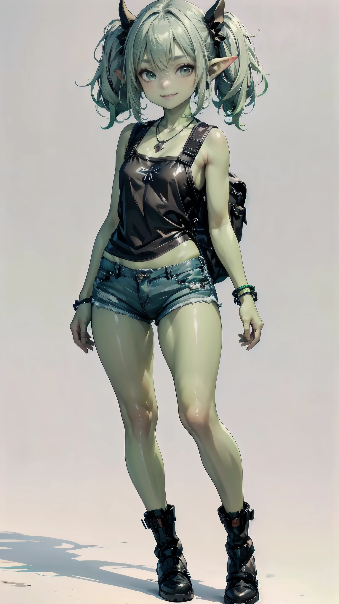 1 girl, solo ((best quality)), ((masterpiece)), (detailed), 4k, deep green skin, tiny pointy ears, 3 foot tall mature goblin woman with silver hair color, pigtails, ((green skin)) wearing tanktop, hiking shorts, hiking boots, backpack, wearing rainbow friendship bracelet and leather necklace, smiling, standing in front of a white background, posing for picture, sexy, full body, simple background, white background, front pov, smiling, happy