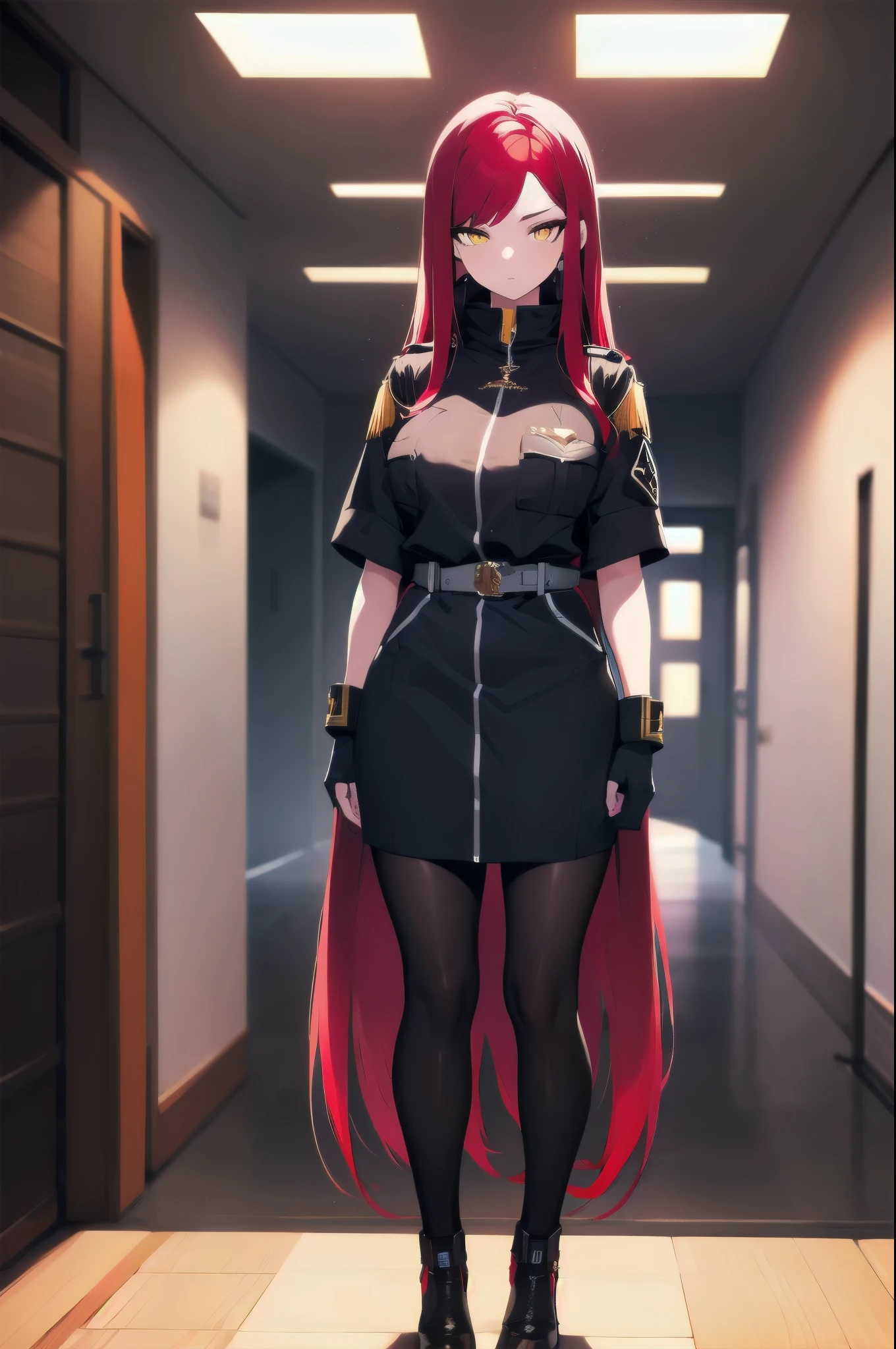 (masterpiece:1.37), woman, mature, extremely detailed eyes and face, long straight hair, (red hair:1.5), yellow eyes, military uniform, cloak, futuristic, science fiction, hologram armband, unicursal hexagram-shaped pupils, standing, large breasts, futuristic, science fiction, hologram armband, best quality, 8k, highres, ultra-detailed, studio lighting, ultra-fine painting, sharp focus, physically-based rendering, extreme detail description, professional, vivid colors, bokeh, extreme attention to detail, tsurime, messy bangs, long bangs, bright red hair highlights, two-tone hair, full body