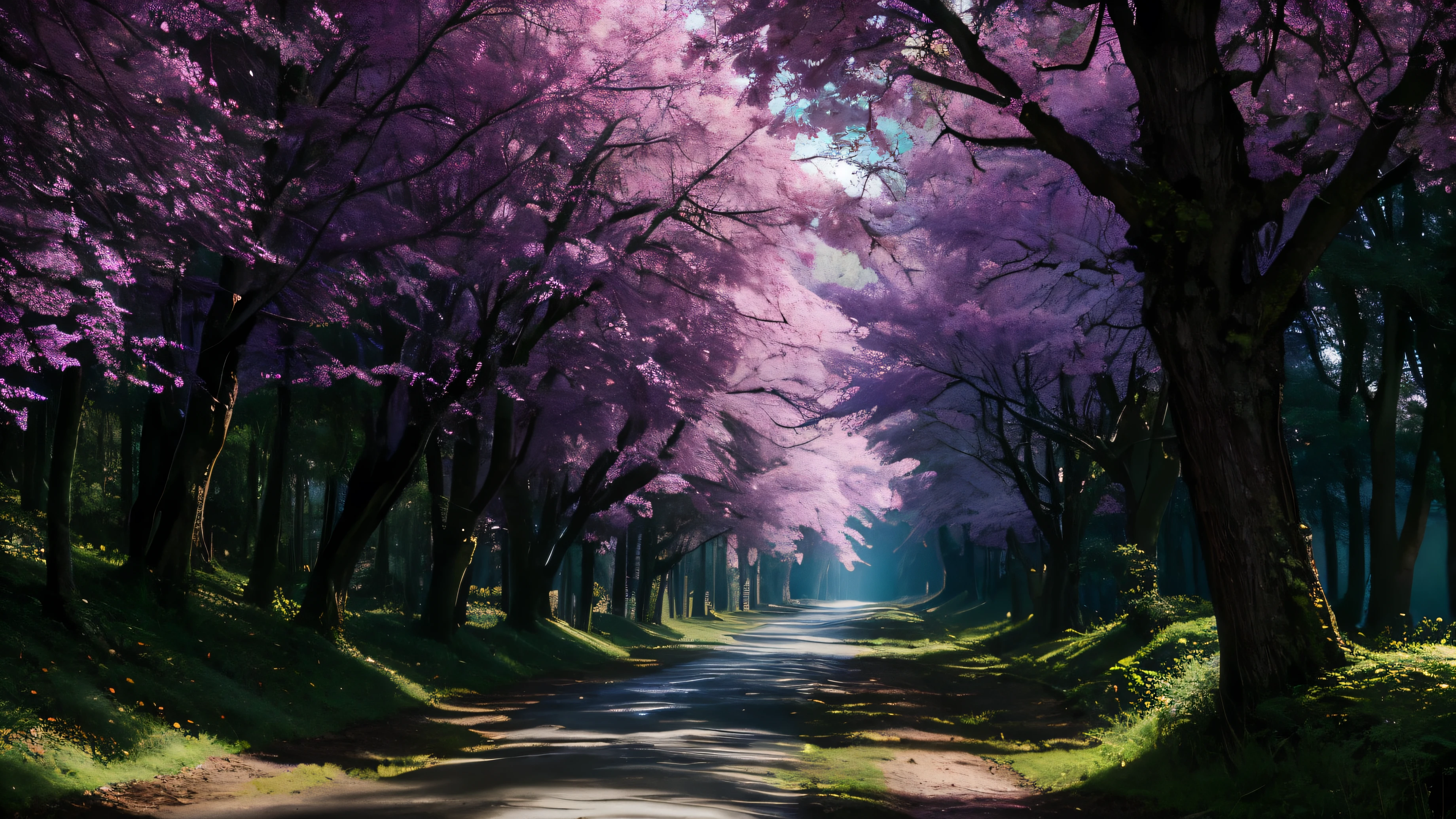 wallepaper hd 4k hiper realista, cerezos en flor, details, ultra realistic arboles de cerezo, flores de cerezo, dia soleado, iluminacion fotografica, bosque, paisaje, iluminacion neon, ((bosque)), ((forest))