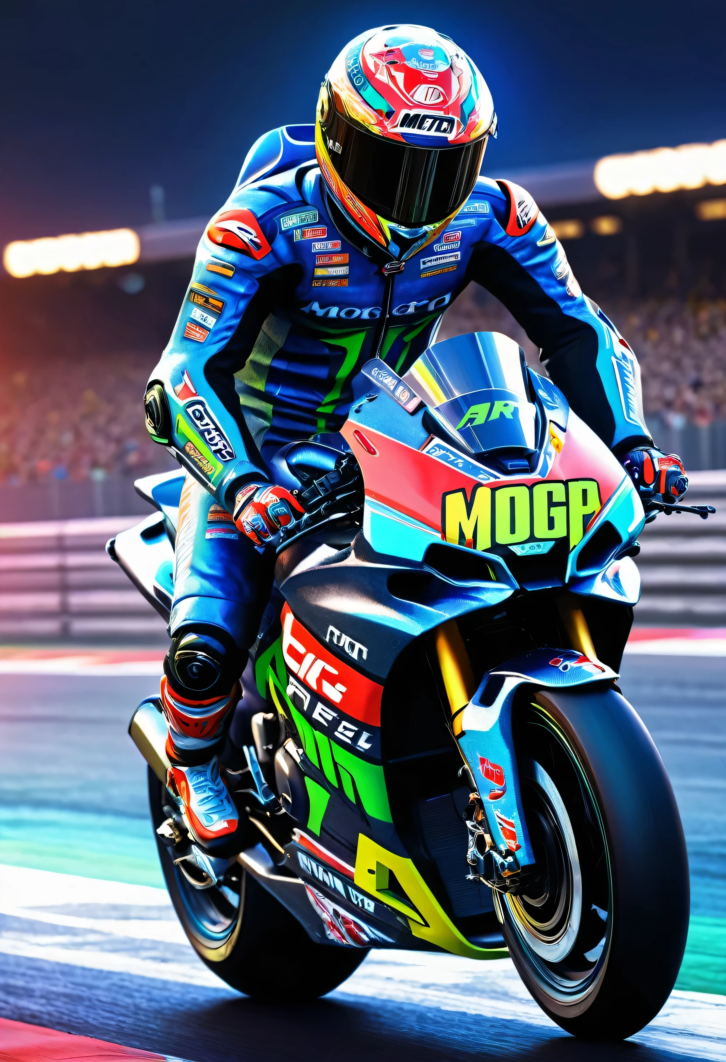 splash art, (1 motoGP race), futuristic motorcycle, hyper-detailed, intricately detailed, fantastic, complementary colors, fantasy, concept art, 8k resolution Bright colors, rider in metallic clothing.
