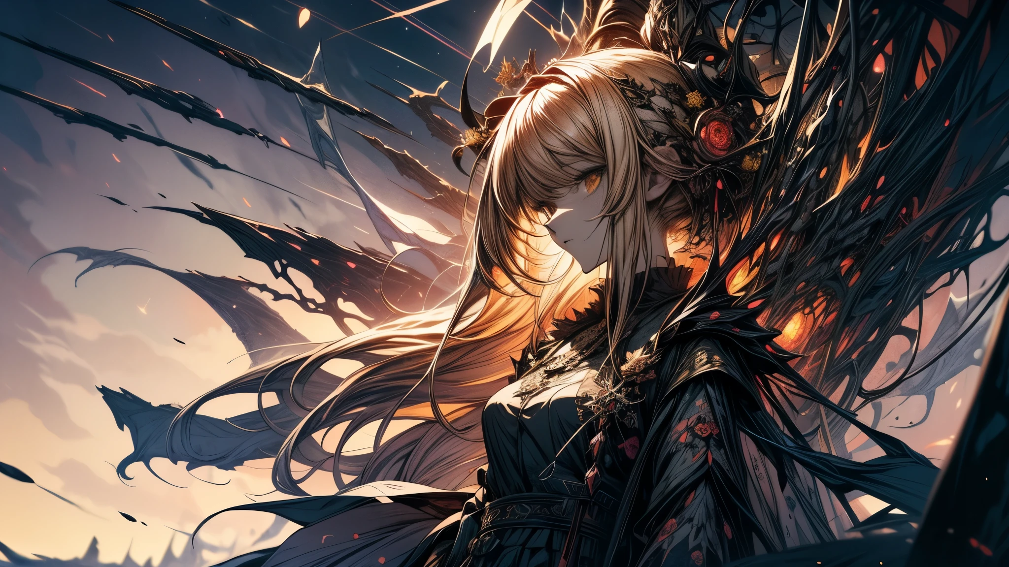 masterpiece, top quality, best quality, official art, beautiful and aesthetic:1.2), (1girl), extreme detailed, (abstract, fractal art:1.3), colorful hair, highest detailed, Hilda from the anime Beelzebub, long yellow hair, death theme background, hellish environment, black maid uniform, dark backdrop
