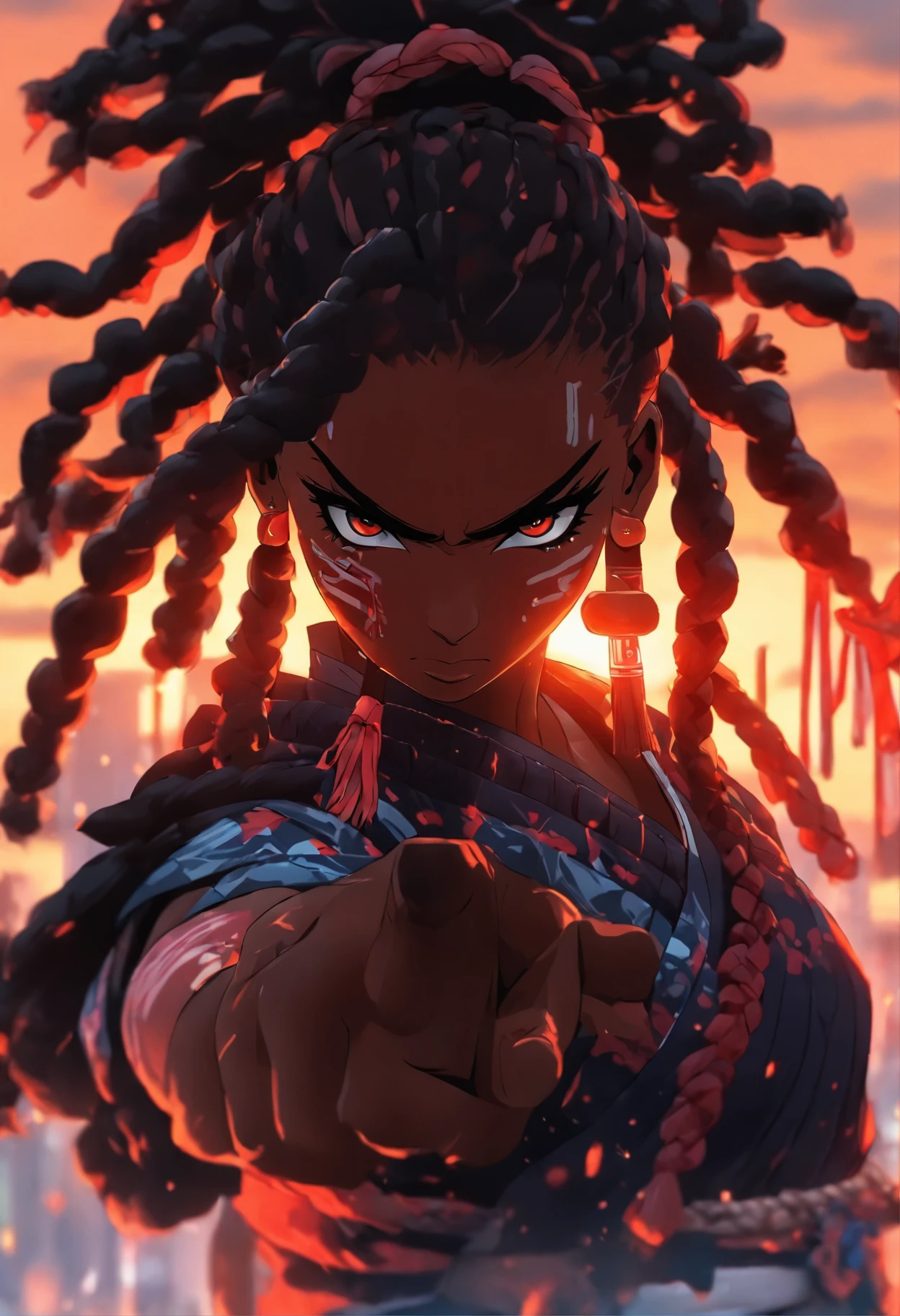Create the image of a black samurai woman, with braided dreadlocks, modern hair posing in Japan with a beautiful sunset and covered in blood in white blue and white , with full body view