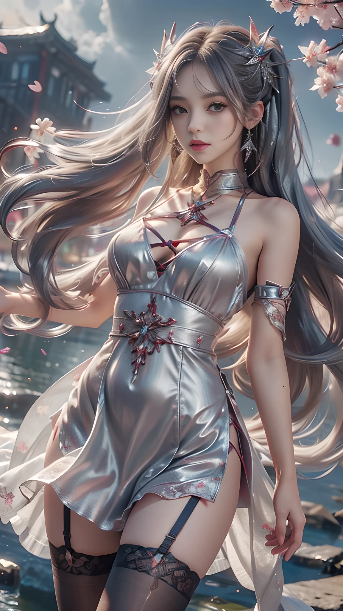 8K, ultra hd, masterpiece, hd color, 1 girl, perfect face, very long curly hair, detailed eyes, she wears a small sexyly red dress, ((silver clothes)), stockings, (( criss-cross lace)), sardine, straps, clothing net, ((long loop)), jewelry, seaside, Realistic landscape, majestic landscape, standing in front of the night, evening, Butterfly , cherry blossoms, blowing wind, perfect posture, sexyly poses,