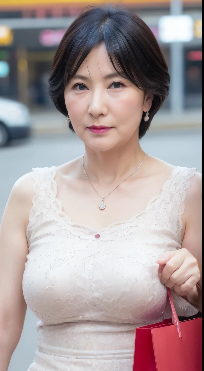 Photo album, gravure, From the chest up, Tabletop, highest quality, Super detailed, Realistic, Highly detailed skin, Perfect Anatomy, (1 Japanese Mature), (alone), 90 years old, Big Breasts, Background: Parking lot of a large shopping center, Holding a shopping bag, Glamour, Sexy, Chromo White Skin, View Viewer