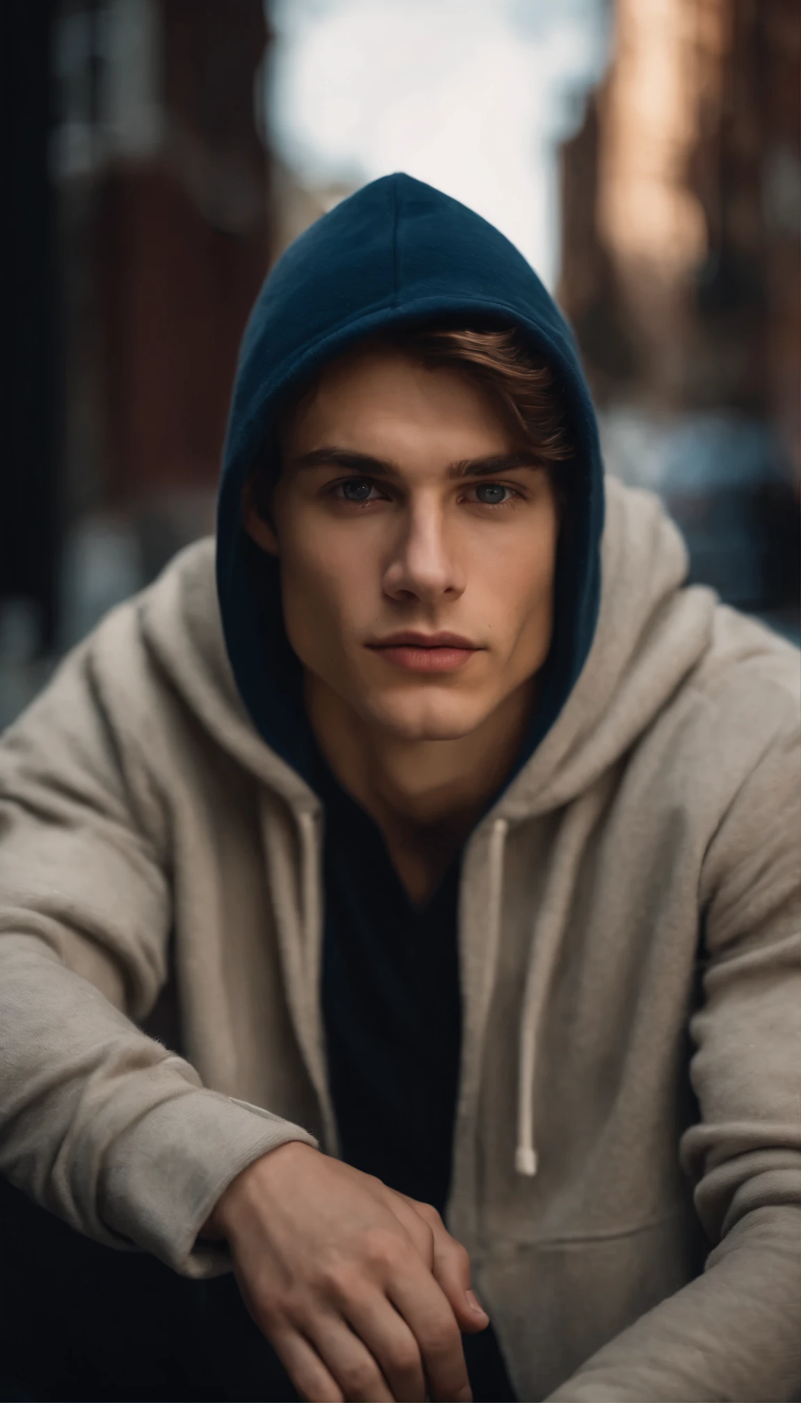 Portrait d'a handsome male model in downtown Toronto in the'afternoon, 18 ans, sweatshirt à capuche, sans barbe, with short, wavy hair, yeux bleus, full lips