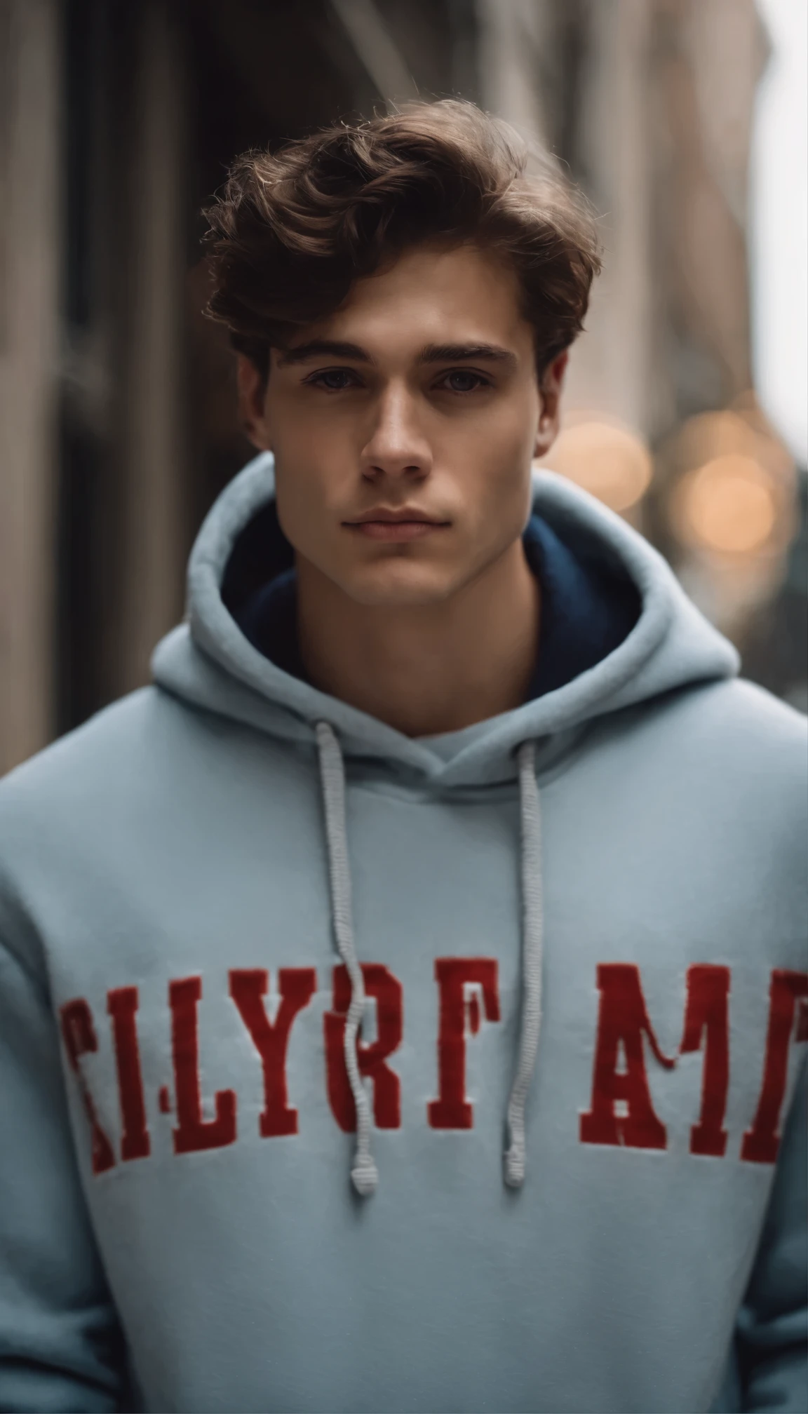 Portrait d'a handsome male model in downtown Toronto in the'afternoon, 18 ans, sweatshirt à capuche, sans barbe, with short, wavy hair, yeux bleus, full lips