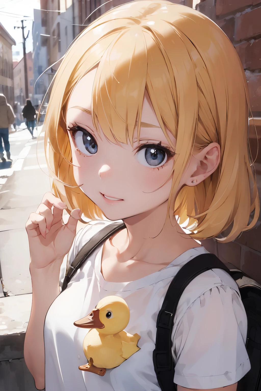 ((best quality)), ((masterpiece)), (detailed), perfect face A little white girl with blonde hair and cute yellow duckling accessories.