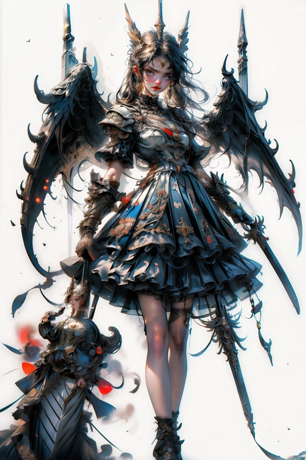 ((best quality)), ((masterpiece)), (detailed), blank white background, plain background, white background, Bloodborne inspired, occult aesthetic, occult, detailed and intricate steampunk and detailed gothic, NSFW, Very dramatic and cinematic lighting, cosmic horror, grim-dark, side-lighting, perfect face, a beaituful goddess valkyrie adorned and enshrined in armour, Bloodborne inspired valkyrie, occult aesthetic valkyrie, occult valkyrie, detailed and intricate steampunk and detailed gothic valkyrie, wielding a sword and shield, NSFW, Fluttering lace flared long knee length dress with frilly petticoats, knee length dress, pleated petticoats, lolita dress, petticoats gothic lolita, side-lighting, gothic lolita aesthetic, beautiful small breasts, small breasts, full body, whole body, body, plain background, white background, blank background, no background, white background