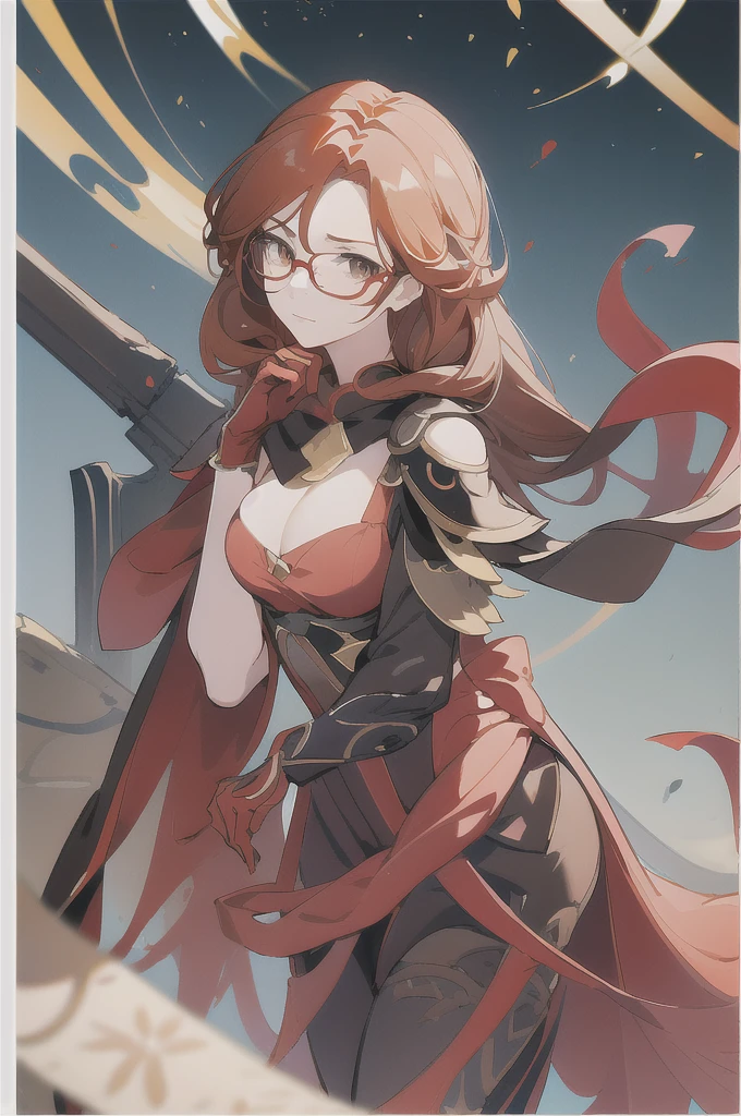 _Anime girl_dark red hair_Shoulder length hair_ brown eyes_elegant clothing_ adult_black glasses_gloves_elegance_ Arlecchino from genshin_portrait_Splash art_