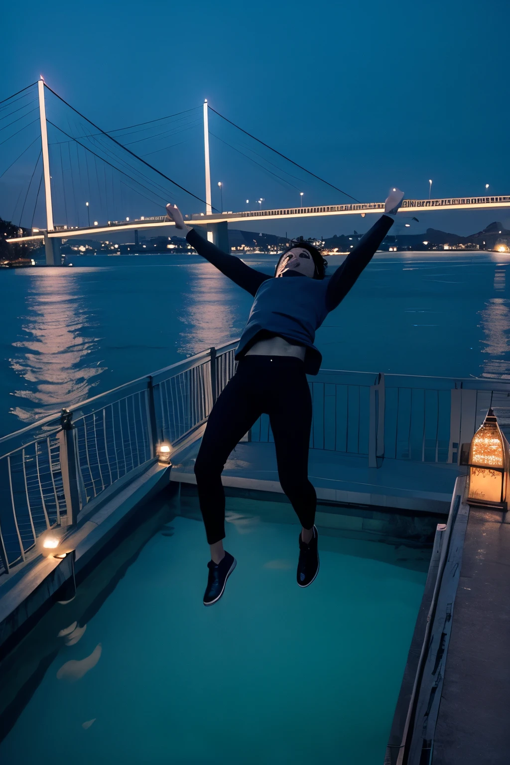 A night scene in shades of blue showing a person wearing dark clothes leaning over and falling from the top of an Istanbul bridge into the water