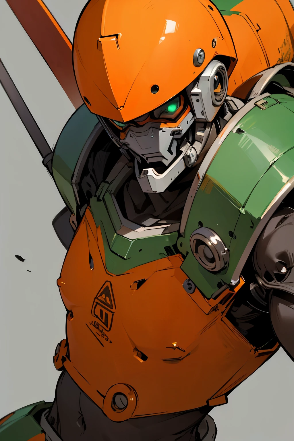 Robots mafe out of scrap, one wheel, rusty, one hand as a weapon, no human like face, colour orange and green, the word 'PELAPEPO' inscribed on the helmet or chest 