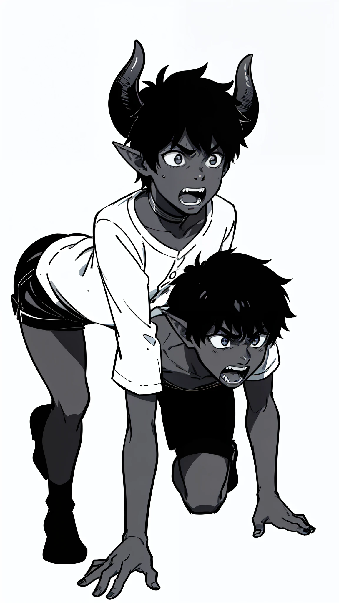 ((1boy,8 years old,solo,kid)),(((dark skin))),(black shorts),Short hair,black hair,elf ears,(horns),(white background,line drawing),screaming,angry,open mouth,fangs,on all fours