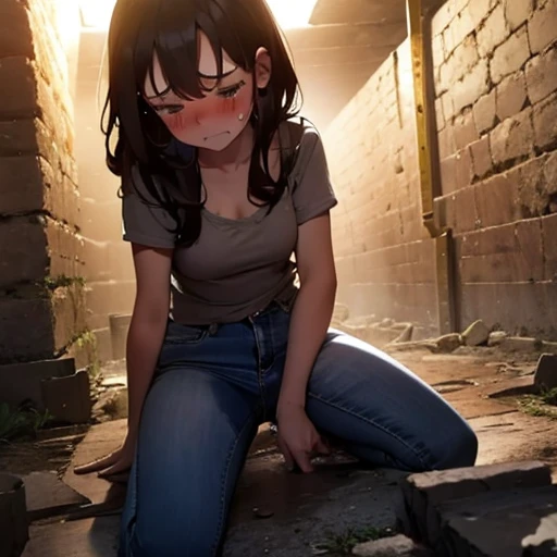 Woman, young, brunette, (dirty, filthy, tearing up, stressed, worried), in an ancient ruin, sandstone, jeans, explorer clothes, blue helmet, poor lighting, low ceiling, claustrophobia, sitting on a stone slab, (zoom in, quarter body, detailed face muddy), ((urgent , wiping tears, blush, pain, hurt, pleading)), from below, orange lighting, wet stain, (have to pee, wet crotch)