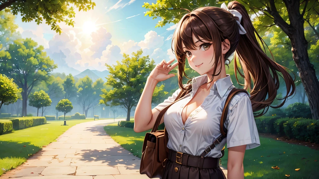 1girl, full body, solo, summer, village, trees, sun, clouds, ((brown hair)), ponytail, large breasts, ((brown vest)), button down shirt, ((white shirt)), ((short sleeved shirt)), ((unbuttoned shirt)), unbuttoning buttons, cleavage 1:3, brown eyes, skirt, smile, looking at the viewer, standing, hair ribbon, golden necklate, shoulder bag