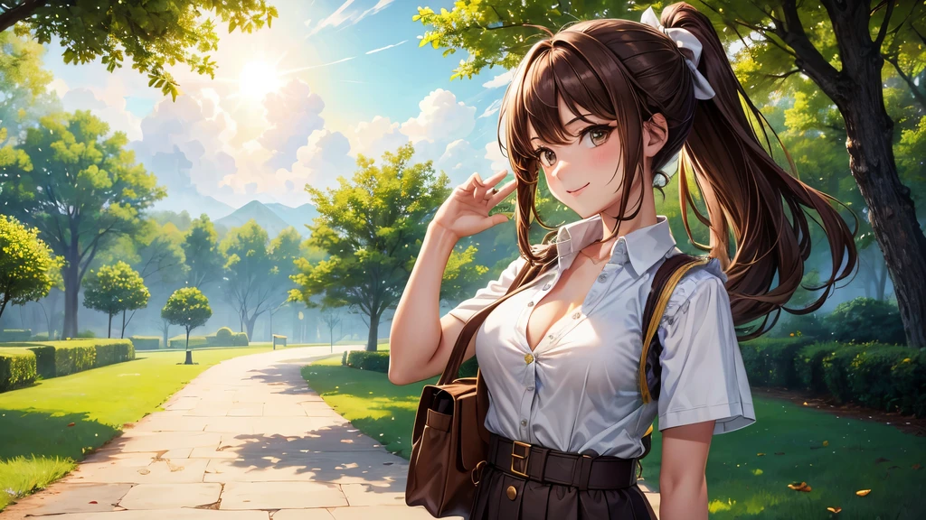 1girl, full body, solo, summer, village, trees, sun, clouds, ((brown hair)), ponytail, large breasts, ((brown vest)), button down shirt, ((white shirt)), ((short sleeved shirt)), ((unbuttoned shirt)), unbuttoning buttons, cleavage 1:3, brown eyes, skirt, smile, looking at the viewer, standing, hair ribbon, golden necklate, shoulder bag