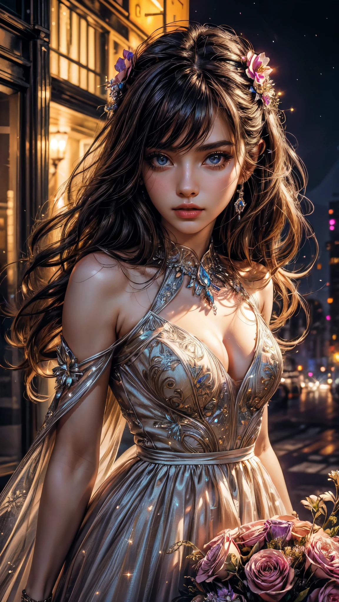 best quality, high-res, ultra-detailed), beautiful woman, detailed face, detailed eyes, long sparkling dress, night background with light and flowers, neon colors, portraits, soft and warm color tones, ambient lighting, full body, flowers, fligh