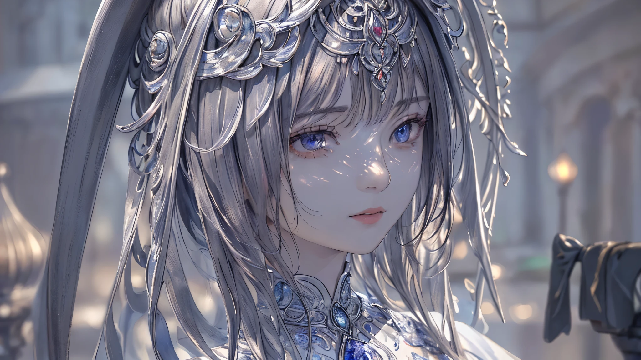 High definition RAW color art, Animation,sculptures, silver marble skin, (((Ultra detailed elegant))), Magical atmosphere, (Detailed skin, Texture (Intricately detailed, Fine detail, ultra-detailliert), red moonlight, depth of fields, Bokeh, silky touch, beautiful eyes, (Background of factory lined with パイプ), hyper detail, mat drawing