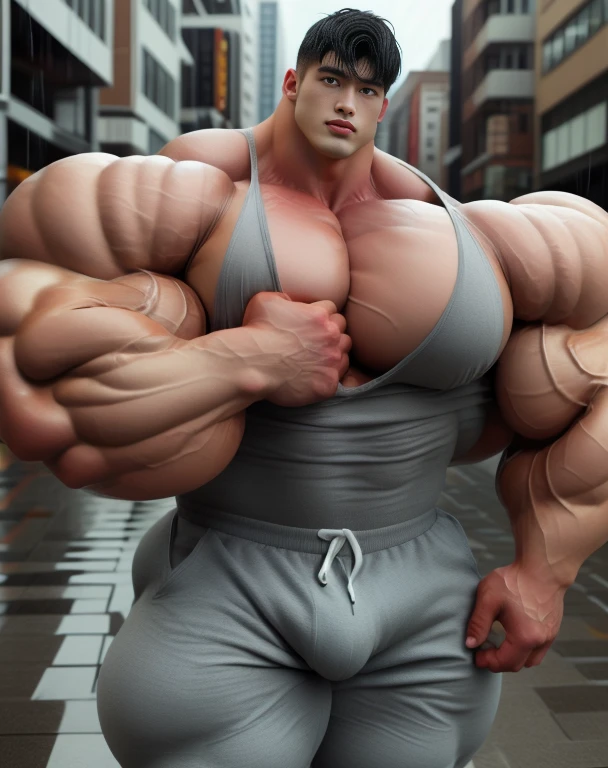 1 asian boy, handsome, giant, buzz black haircut, model shoot style, looking at camera, action pose, outdoor, in the large city street, strong body, bulk, naked, wear grey triangular underpants, bulge, big, brutalmass, giant, muscular body, bulk, massive body, large meaty body size, brown veiny skin, big arms, ballooning meaty pecs, big butt. wet, rain, UHD, Realistic, intricate detail