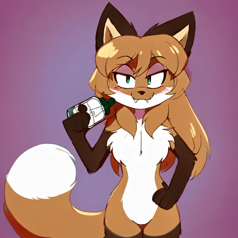 uploaded the e621, beautiful and detailed, woman (((female))) ((anthro)) Fox, (Averi, Fox girl), cinematic lighting, Fox, (anthro, fluffy fur), 1girl, anthro fox girl, body fur, curvy, sexy, nice, cute, hot, comfortable anime-style cartoon-style, digital drawing, SFW, flat chest, nervous smiling, sassy, sassy hips, smug, fangs, simple background, green eyes, bottle in hand, drinking from a bottle, drinking