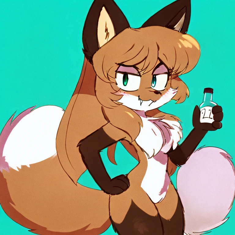 uploaded the e621, beautiful and detailed, woman (((female))) ((anthro)) Fox, (Averi, Fox girl), cinematic lighting, Fox, (anthro, fluffy fur), 1girl, anthro fox girl, body fur, curvy, , nice, cute, hot, comfortable anime-style cartoon-style, digital drawing, SFW, flat , nervous smiling, sassy, sassy , smug, fangs, simple background, green eyes, bottle in hand, drinking from a bottle, drinking