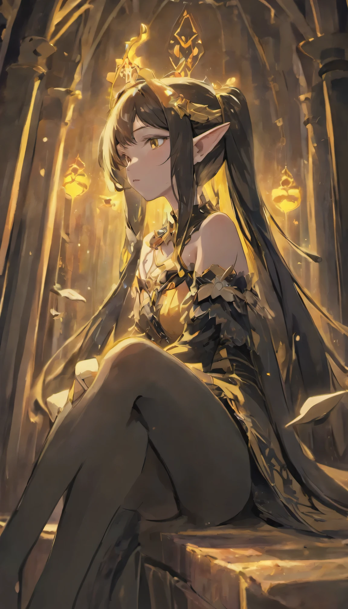 elf girl. long ears, beautiful. 8k full hd, black long hair, sitting, black hair, hair balck, yellow eye, blue eye