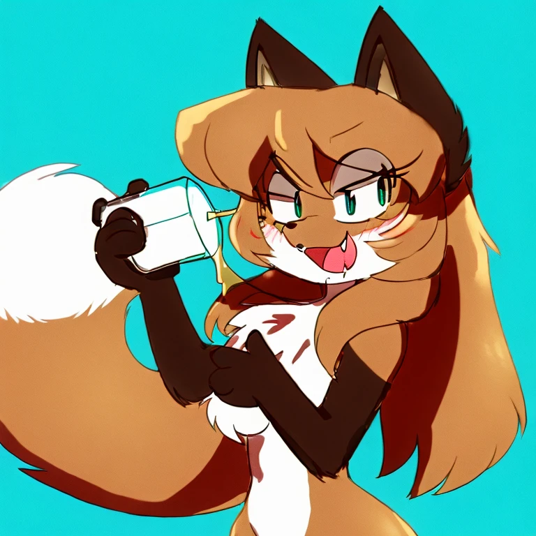 uploaded the e621, beautiful and detailed, woman (((female))) ((anthro)) Fox, (Averi, Fox girl), cinematic lighting, Fox, (anthro, fluffy fur), 1girl, anthro fox girl, body fur, curvy, sexy, nice, cute, hot, comfortable anime-style cartoon-style, digital drawing, SFW, flat chest, nervous smiling, sassy, sassy hips, smug, fangs, simple background, green eyes, bottle in hand, drinking from a bottle, drinking, open mouth, pouring drink into mouth