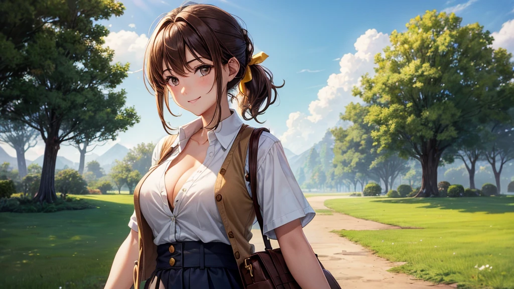 1girl, full body, solo, summer, village, trees, sun, clouds, ((brown hair)), ponytail, large breasts, ((brown vest)), button down shirt, ((white shirt)), ((short sleeved shirt)), ((unbuttoned shirt)), unbuttoning buttons, cleavage 1:3, brown eyes, skirt, smile, looking at the viewer, standing, hair ribbon, golden necklate, shoulder bag