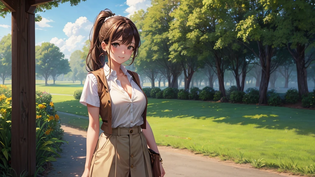 1girl, full body, solo, summer, village, trees, sun, clouds, ((brown hair)), ponytail, large breasts, ((brown vest)), button down shirt, ((white shirt)), ((short sleeved shirt)), ((unbuttoned shirt)), unbuttoning buttons, cleavage 1:3, brown eyes, skirt, smile, looking at the viewer, standing, hair ribbon, golden necklate, shoulder bag