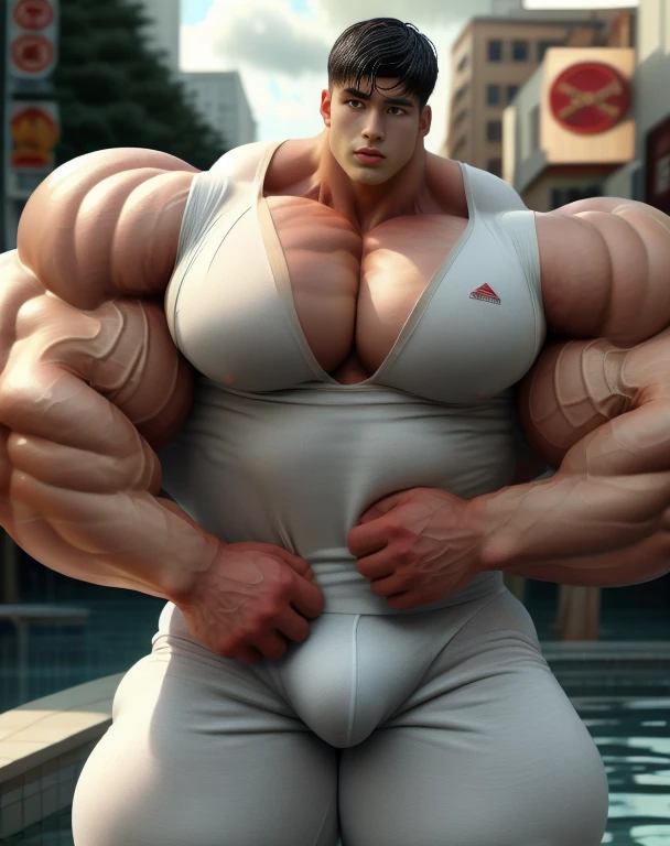 1 asian boy, handsome, giant, buzz black haircut, model shoot style, looking at camera, action pose, outdoor, in the large city street, strong body, bulk, naked, wear white swimwear triangular underpants, bulge, big, brutalmass, giant, muscular body, bulk, massive body, large meaty body size, brown veiny skin, big arms, ballooning meaty pecs, big butt. wet, rain, UHD, Realistic, intricate detail