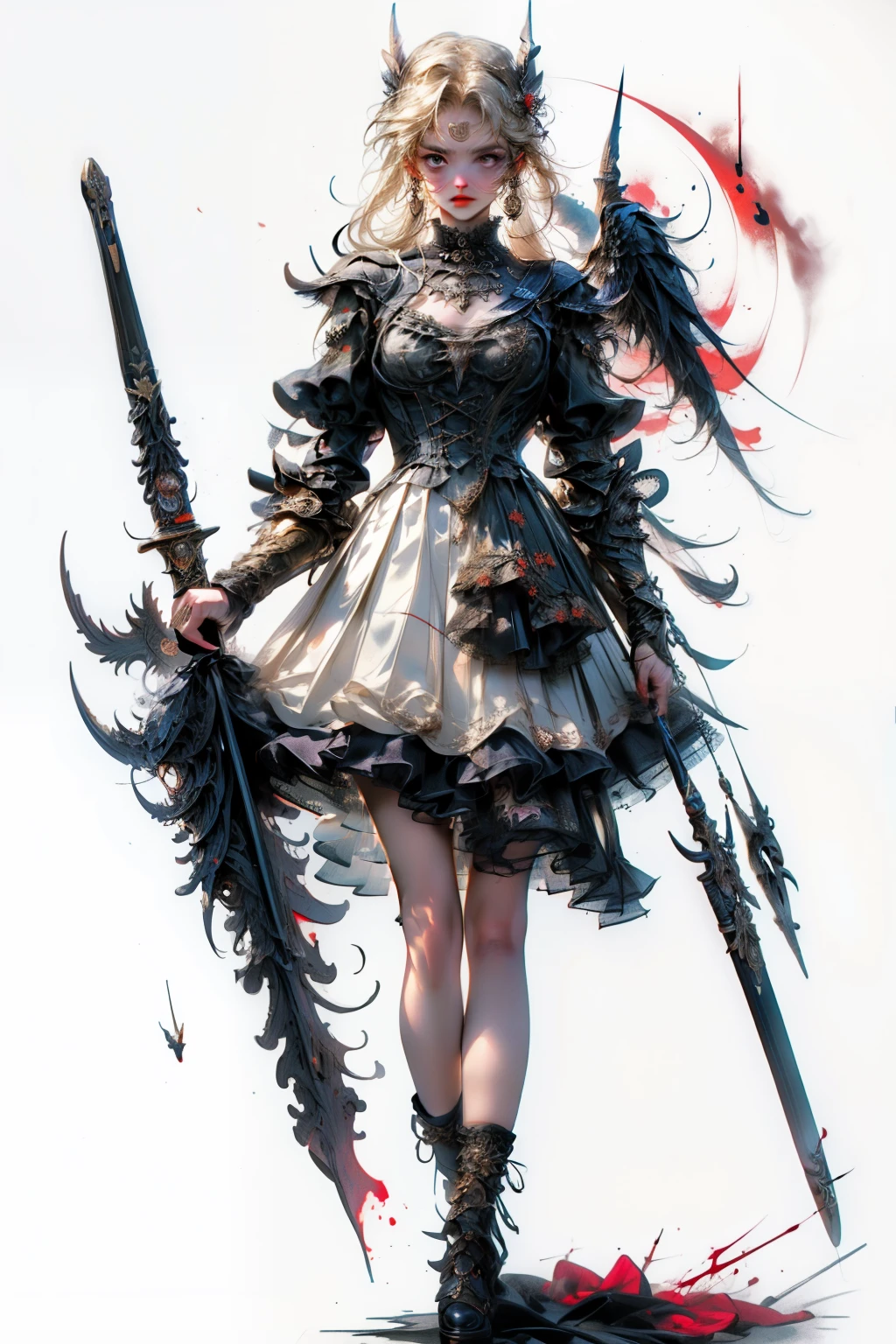 ((best quality)), ((masterpiece)), (detailed), blank white background, plain background, white background, Bloodborne inspired, occult aesthetic, occult, detailed and intricate steampunk and detailed gothic, NSFW, Very dramatic and cinematic lighting, cosmic horror, grim-dark, side-lighting, perfect face, a beaituful goddess valkyrie adorned and enshrined in armour, Bloodborne inspired valkyrie, occult aesthetic valkyrie, occult valkyrie, detailed and intricate steampunk and detailed gothic valkyrie, wielding a sword and shield, NSFW, Fluttering lace flared long knee length dress with frilly petticoats, knee length dress, pleated petticoats, lolita dress, petticoats gothic lolita, side-lighting, gothic lolita aesthetic, beautiful small breasts, small breasts, full body, whole body, body, plain background, white background, blank background, no background, white background