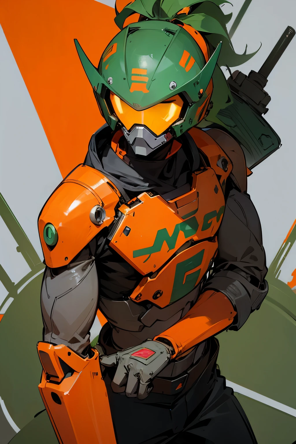 Robots mafe out of scrap, one wheel, rusty, one hand as a weapon, no human like face, colour orange and green, the word 'PELAPEPO' inscribed on the helmet or chest 