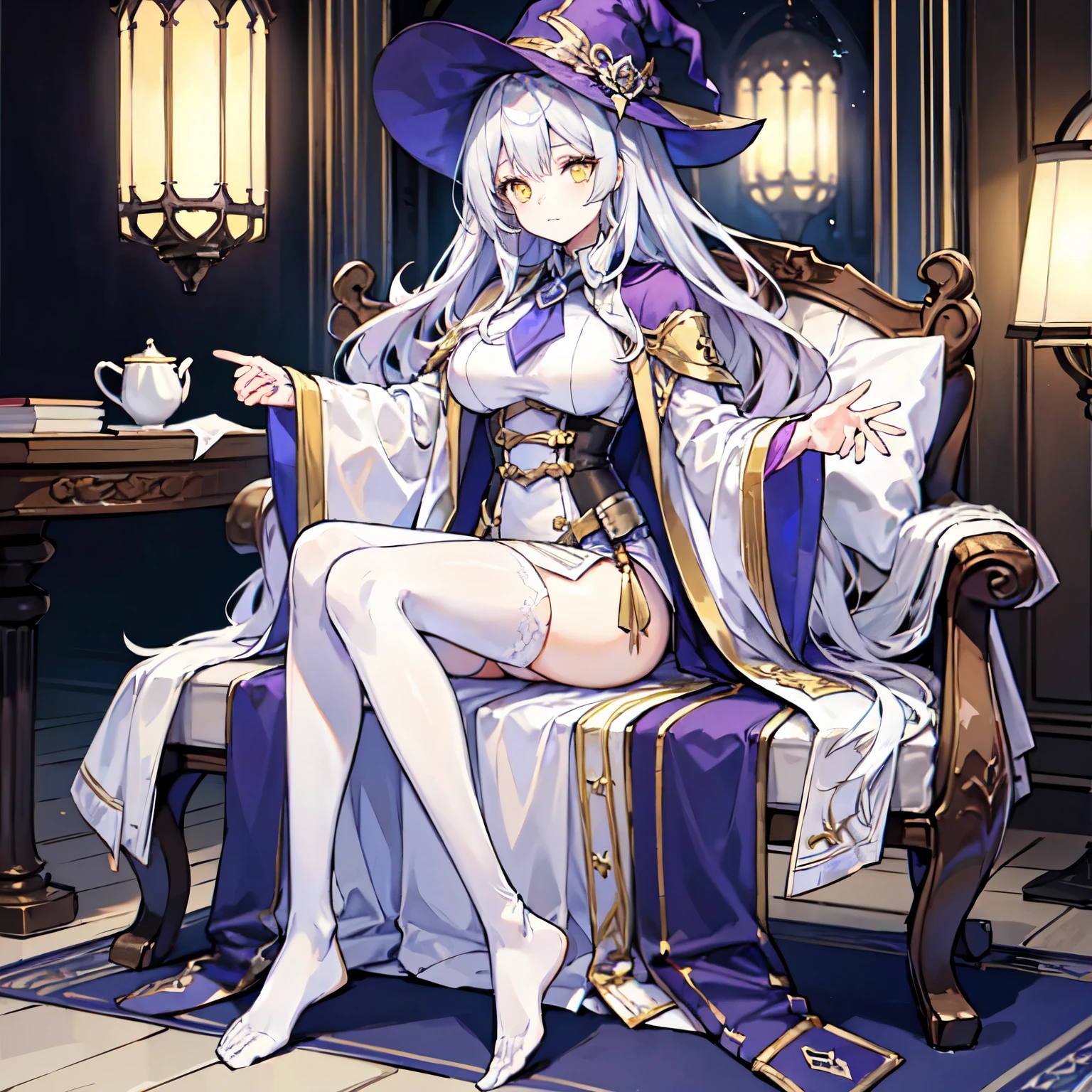 One Woman、young、Silver Hair、Long Hair、Yellow Eyes、Very large breasts、Wizard、White clothes、Purple Robe、Black Cape、Wear a pointed hat、Sit on a chair、Full body portrait、Study