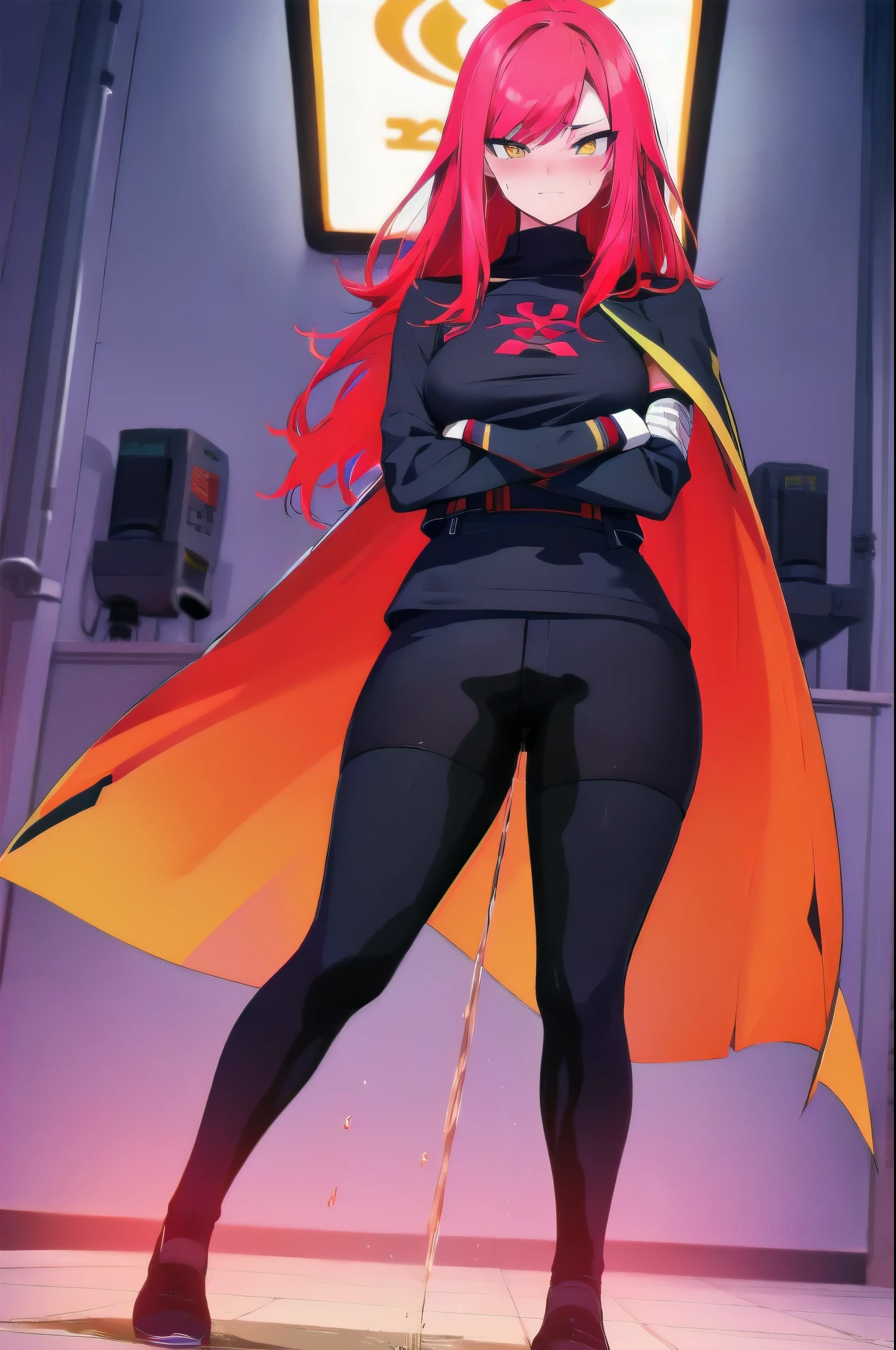 (masterpiece:1.37), woman, (mature:1.5), extremely detailed eyes and face, long straight hair, red hair, yellow eyes, tight black shirt, cloak, (futuristic:1.25), (science fiction:1.25), hologram armband, unicursal hexagram-shaped pupils, standing, large breasts, best quality, 8k, highres, ultra-detailed, studio lighting, ultra-fine painting, sharp focus, physically-based rendering, extreme detail description, professional, vivid colors, bokeh, extreme attention to detail, tsurime, (messy bangs:1.25), (swept bangs:1.25), long bangs, bright red hair highlights, two-tone hair, (wetting self:1.5), (crossed arms:1.5), embarrassed, humiliated, angry, (standing:1.5), (black yoga pants), full body