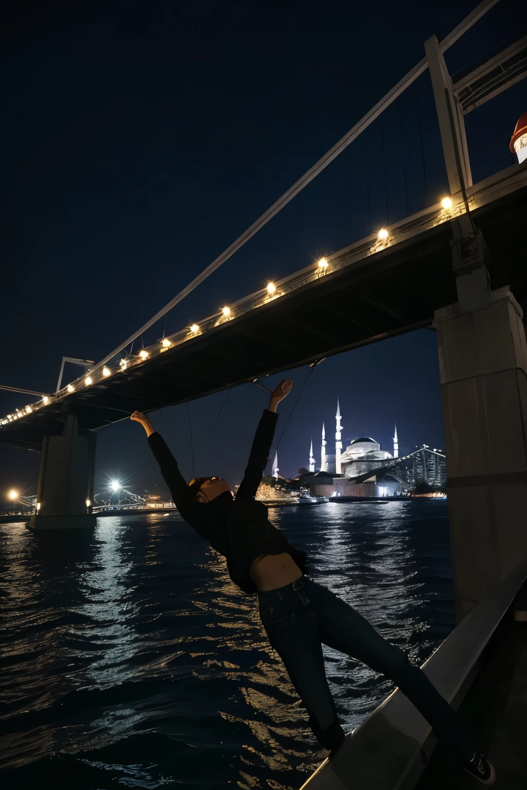 A night scene in shades of blue showing a person wearing dark clothes leaning over and falling from the top of an Istanbul bridge into the water
