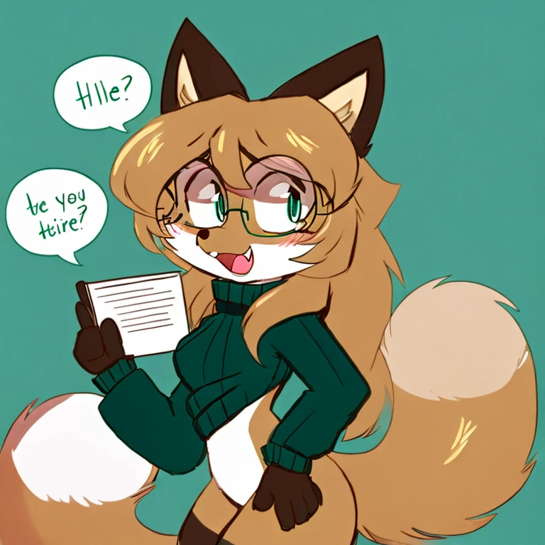 uploaded the e621, beautiful and detailed, woman (((female))) ((anthro)) Fox, (Averi, Fox girl), cinematic lighting, Fox, (anthro, fluffy fur), 1girl, anthro fox girl, body fur, curvy, sexy, nice, cute, hot, comfortable anime-style cartoon-style, digital drawing, SFW, flat chest, nervous smiling, sassy, sassy hips, curious smile, simple background, speech bubble, green eyes, side view, looking at viewer, folder in hand, holding folder, folder, green sweater, wearing glasses, glasses, open mouth, speech bubble