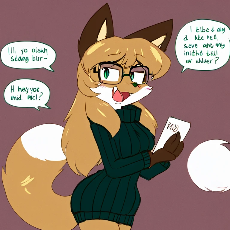 uploaded the e621, beautiful and detailed, woman (((female))) ((anthro)) Fox, (Averi, Fox girl), cinematic lighting, Fox, (anthro, fluffy fur), 1girl, anthro fox girl, body fur, curvy, sexy, nice, cute, hot, comfortable anime-style cartoon-style, digital drawing, SFW, flat chest, nervous smiling, sassy, sassy hips, curious smile, simple background, speech bubble, green eyes, side view, looking at viewer, folder in hand, holding folder, folder, green sweater, wearing glasses, glasses, open mouth, speech bubble