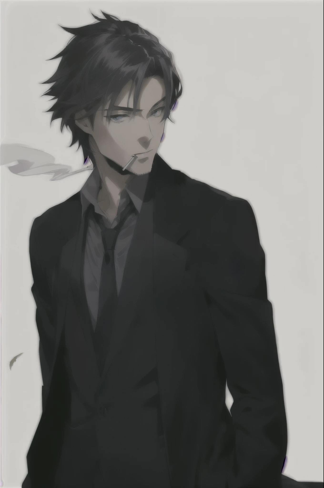 anime guy in a suit and tie with a cigarette in his mouth, anime handsome man, tall anime guy with blue eyes, handsome anime pose, anime portrait of a handsome man, male anime character, inspired by Yamagata Hiro, male anime style, inspired by Okumura Masanobu, inspired by Hisui Sugiura, single character full body