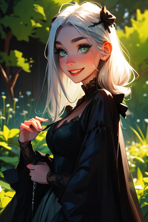 A young silver haired woman with green eyes in a pretty gothic dress is holding a black with a big smile and a blush in a poison garden
