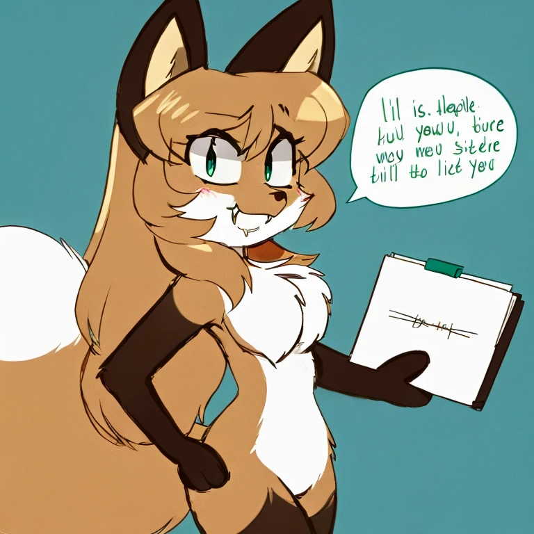 uploaded the e621, beautiful and detailed, woman (((female))) ((anthro)) Fox, (Averi, Fox girl), cinematic lighting, Fox, (anthro, fluffy fur), 1girl, anthro fox girl, body fur, curvy, sexy, nice, cute, hot, comfortable anime-style cartoon-style, digital drawing, SFW, flat chest, nervous smiling, sassy, sassy hips, smug, fangs, simple background, speech bubble, green eyes, side view, looking at viewer, folder in hand, holding folder, folder