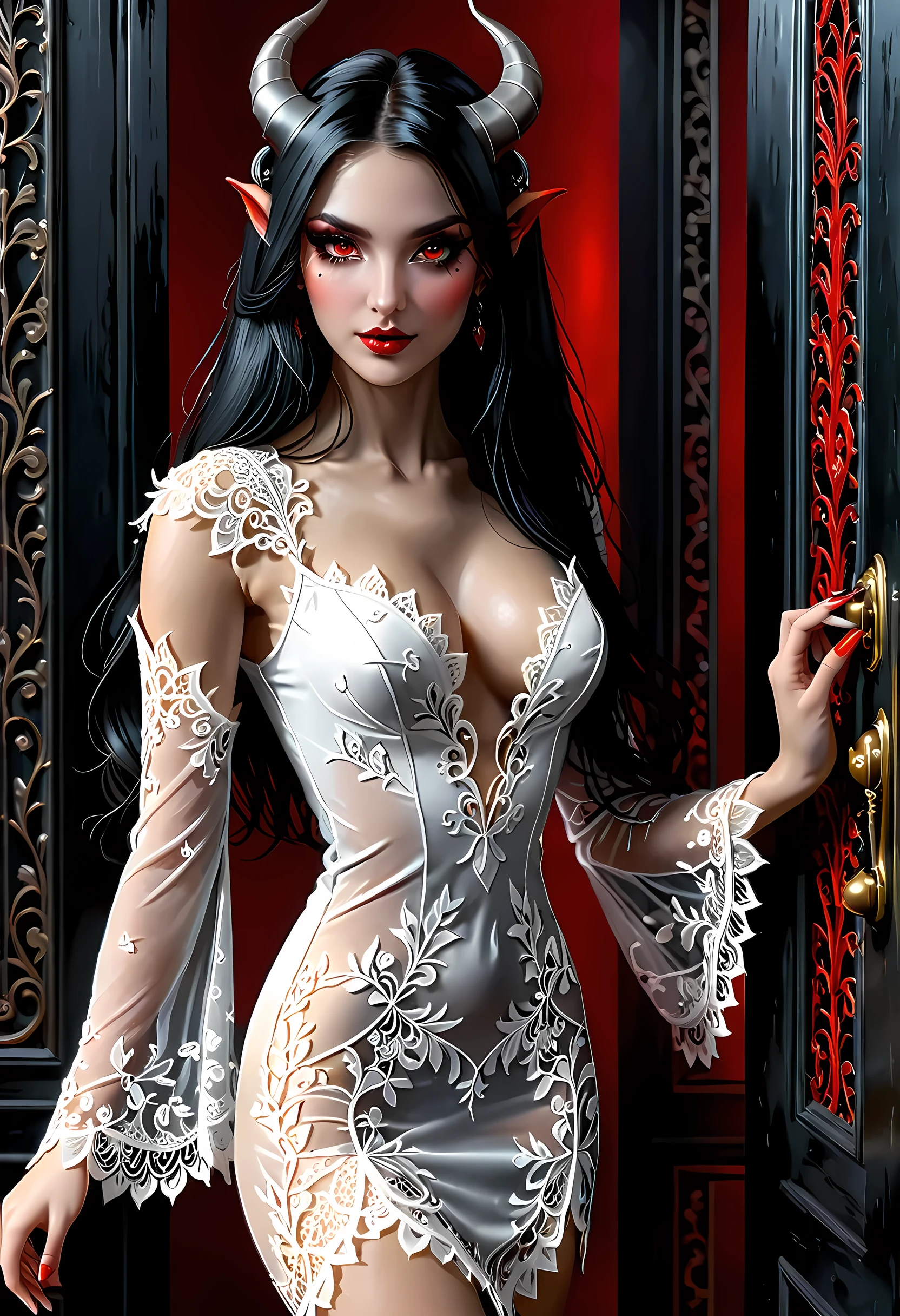 epic good looking succubus wearing a (white lace: 1.5) dress (intense details, Masterpiece, best details: 1.6),, offering a gold and red diamond ring in hand (intense details, Masterpiece, best details: 1.6), full body (intense details, Masterpiece, best details: 1.6), ultra detailed face (intense details, Masterpiece, best details: 1.5),standing in the door entrance, holding a red and gold ring (intense details, Masterpiece, best details: 1.6), black hair, long hair, red eyes, glowing eyes, small horns, red high heels, dim light, high details, best quality, 8k, [ultra detailed], masterpiece, best quality, (extremely detailed), ultra wide shot, photorealistic, gothic art, sense of darkness, sense of seduction, fiery magic symbols (intense details, Masterpiece, best details: 1.6),in the background, lace drawing, Dark Art Painting Style, dark, black and color