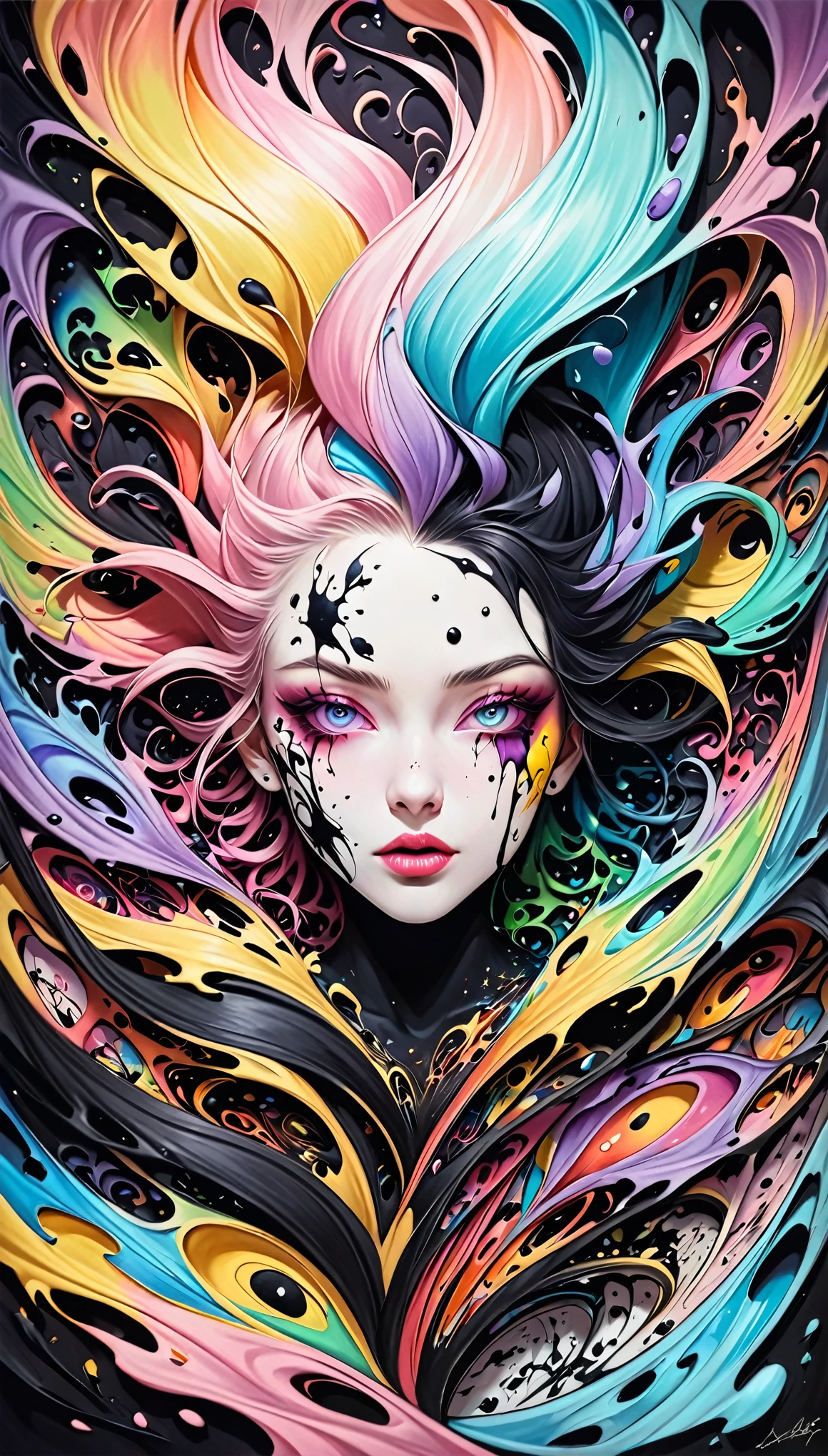 show me some crazyness, a madness beyond comprehension, some ink art cell shading oil plainting non realistic surreal dark fantasy pastel artwork, lets break some art rules, lets the chaos rein, this is life, this ever chaging chaos is the beauty of breathing