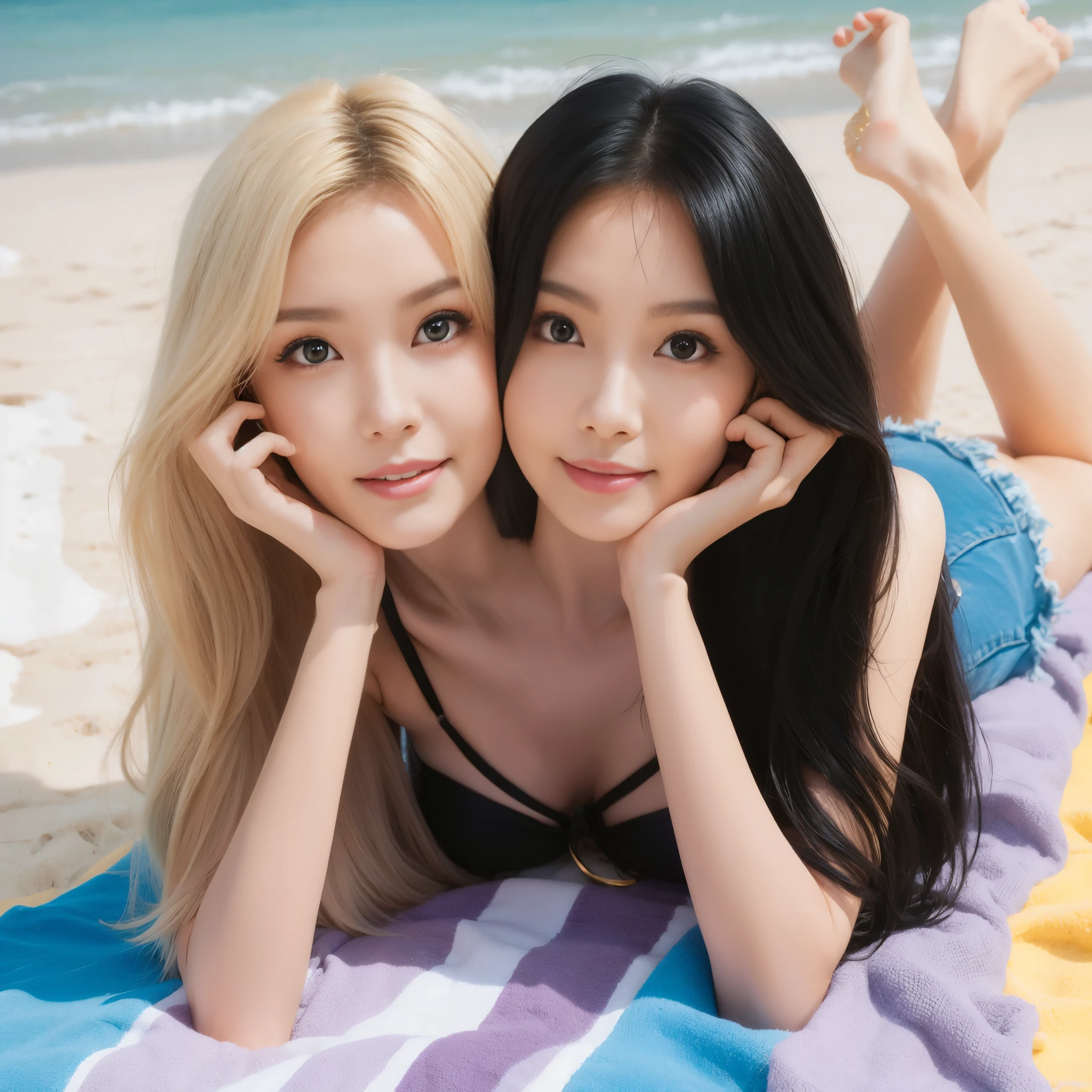 best resolution, 2 heads, korean woman with two heads, blonde, black hair, different faces, black bikini, blue denims, beach towel, beach background