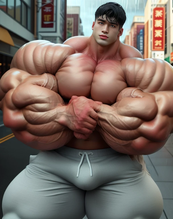 1 asian boy, handsome, giant, buzz black haircut, model shoot style, looking at camera, action pose, outdoor, in the large city street, strong body, bulk, shirtless, wear white boxers, bulge, big, brutalmass, giant, muscular body, bulk, massive body, large meaty body size, brown veiny skin, big arms, ballooning meaty pecs, big butt. wet, rain, UHD, Realistic, intricate detail