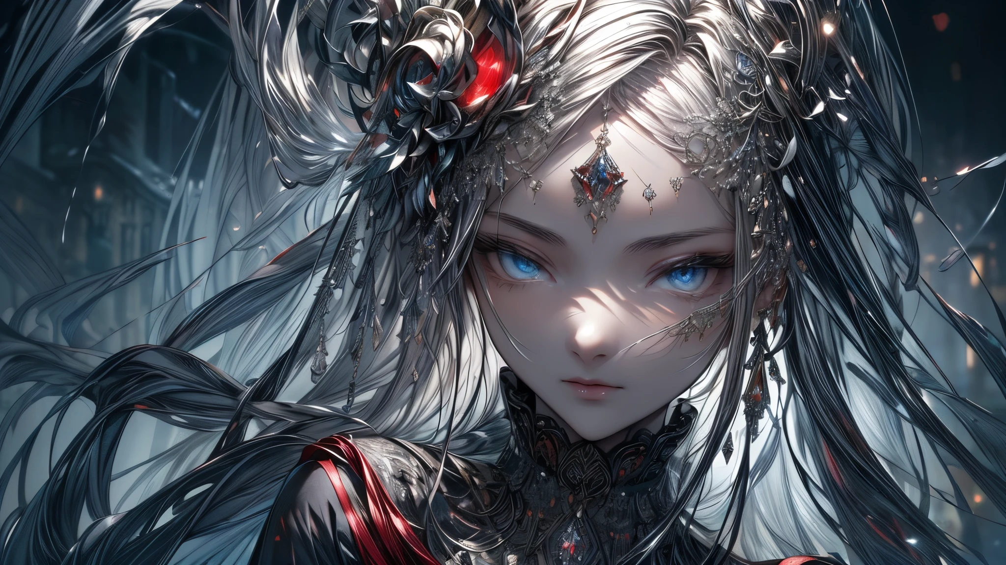 High definition RAW color art, Animation,sculptures, silver marble skin, (((Ultra detailed elegant))), Magical atmosphere, (Detailed skin, Texture (Intricately detailed, Fine detail, ultra-detailliert), red moonlight, depth of fields, Bokeh, silky touch, beautiful eyes, （Background of factory lined with パイプ), hyper detail, mat drawing
