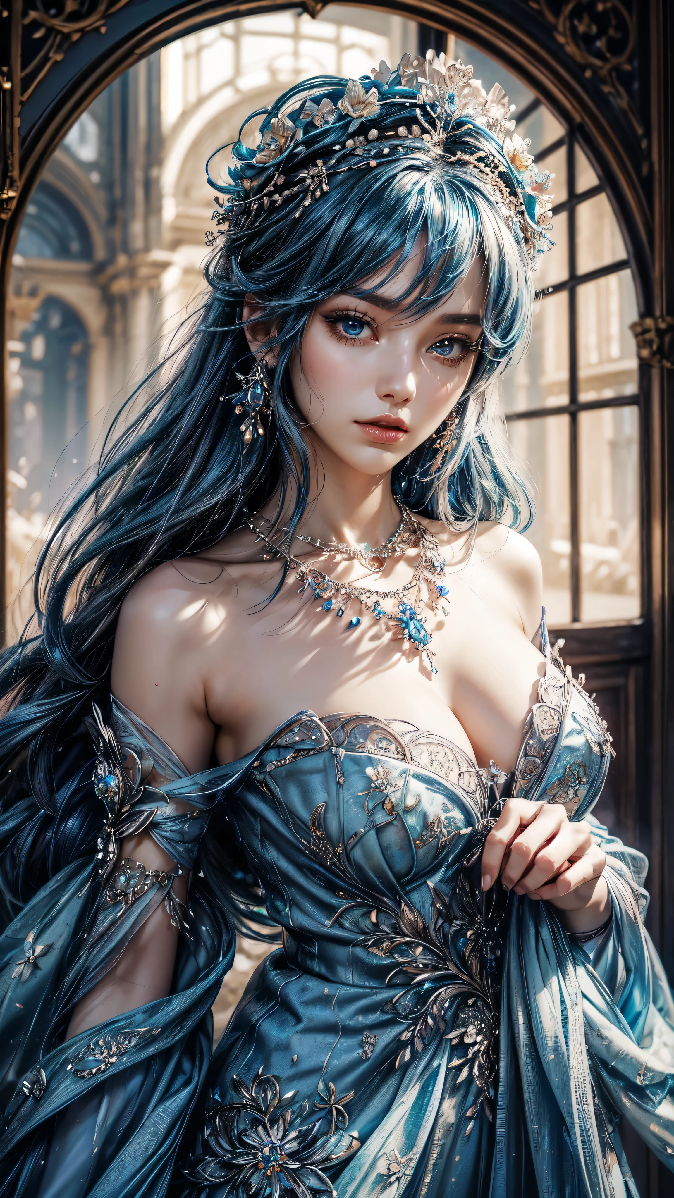 tmasterpiece,Highest high resolution,((((ruit)))),Dynamic head photo of beautiful aristocratic girl,Blue hair is elegantly coiled,(((Wearing a huge flower crown、Hats,jewelery,adiamondnecklace))),Purple clear eyes,(((The hair is covered with beautiful and delicate floral craftsmanship, Crystal jewelry filigree))),Ultra-detailed details,Hands naturally droop。etailed face, detailed eyes, detailed hands,